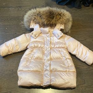 Kids Pink Puffer Jacket with Faux Fur Hood